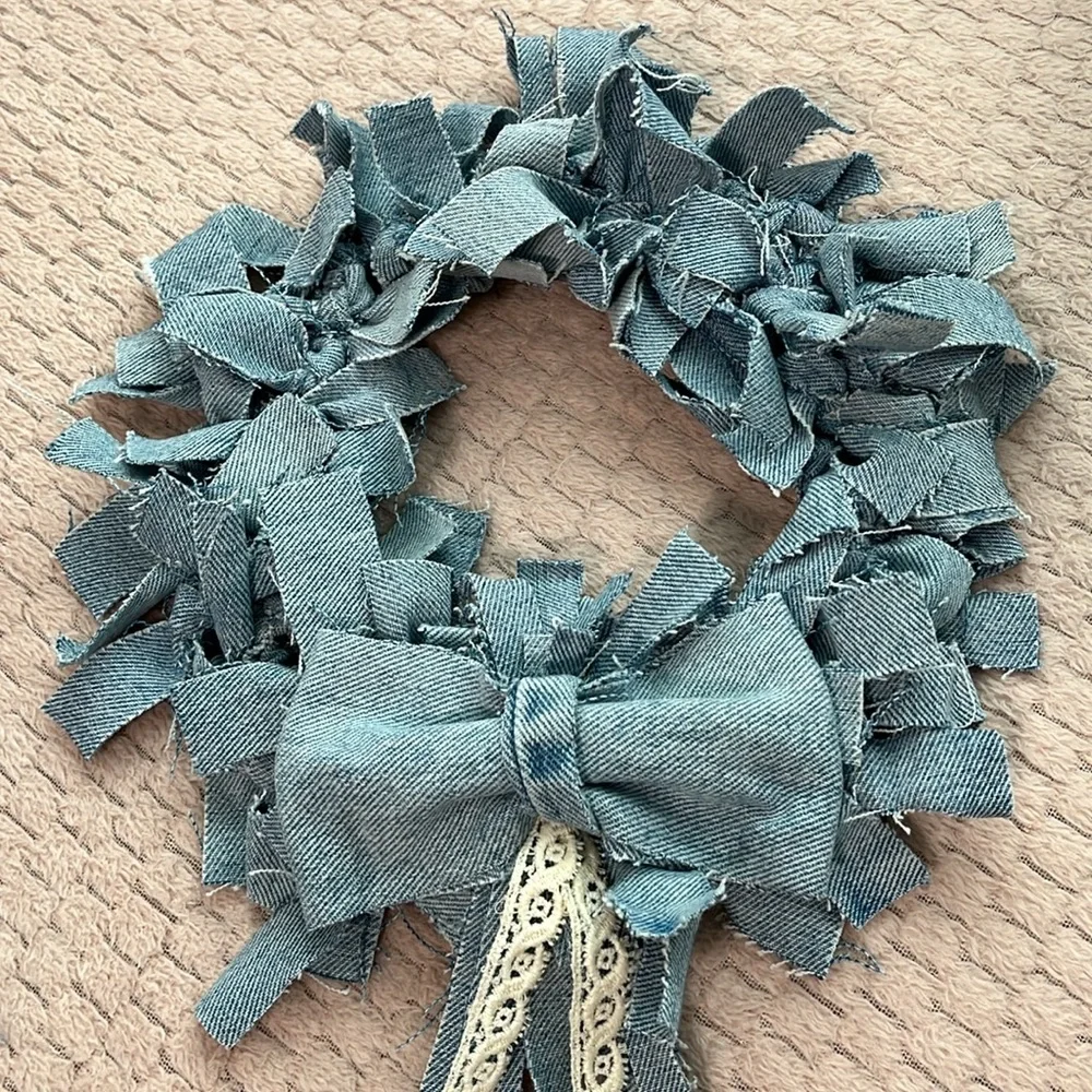 Shabby Rag Denim Wreath Bundle Lot Small Boho Country Farmhouse Western Bow